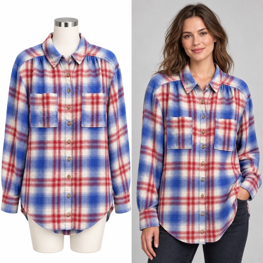 Pilcro Button Down Shirt Womens Small Blue Red Plaid Long Sleeve Viscose Flannel